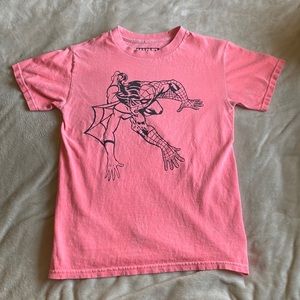 Bright pink marvel shirt.